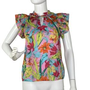 Avara Top Sz XS Floral Tie Neck Ruffle Flutter Feminine Artsy Tropical Dopamine
